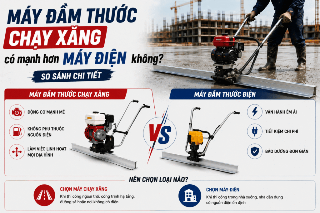Máy đầm thước chạy xăng có mạnh hơn máy điện không